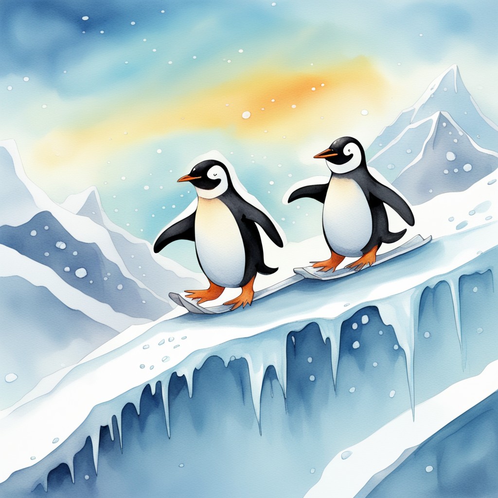 Penny and Waddle sliding down happily