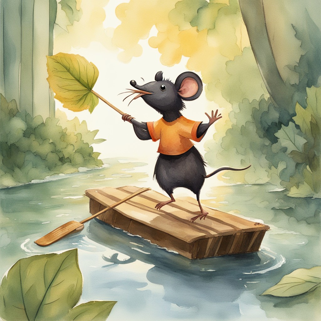 Pip crossing the stream on the raft