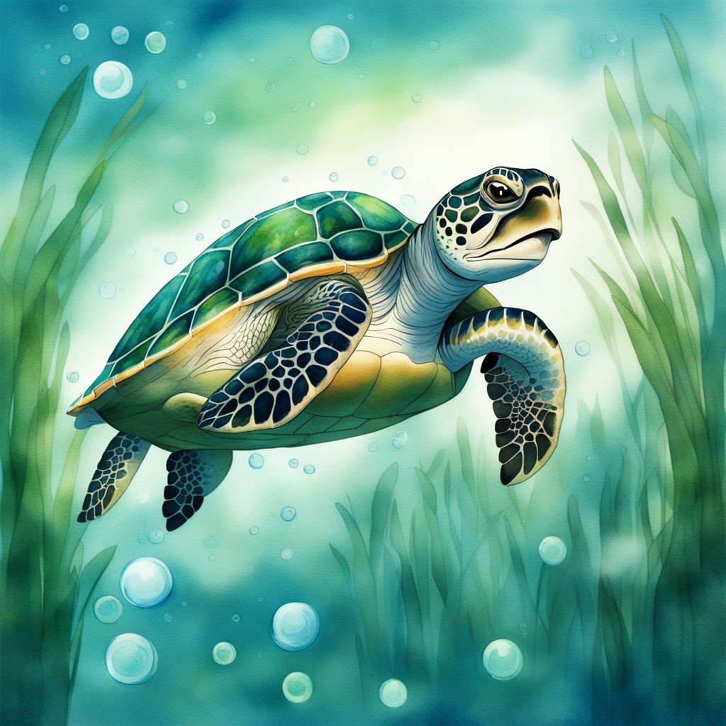 Shelly the turtle diving bravely through underwater reeds