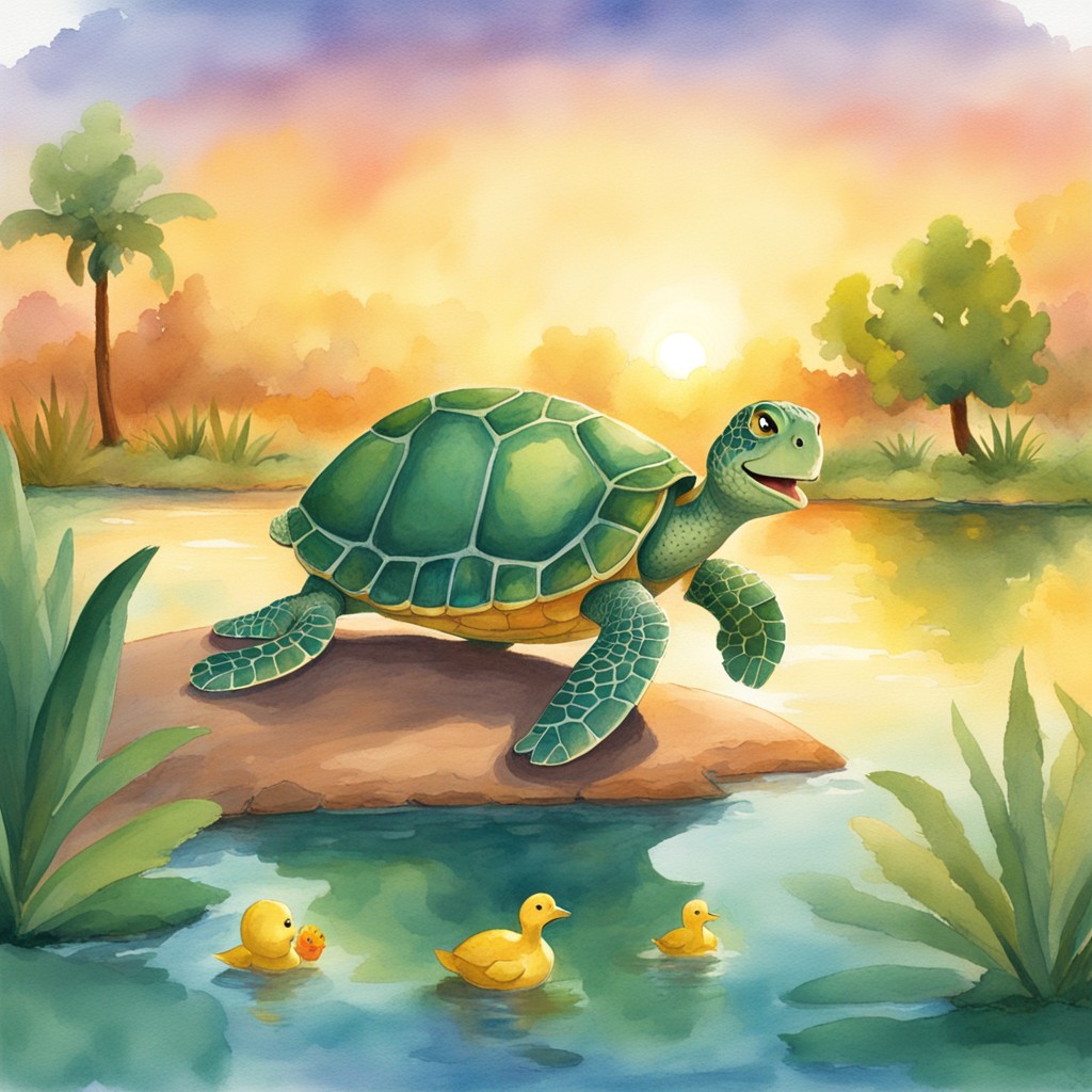 Shelly the turtle smiling happily with her duckling friend at sunset