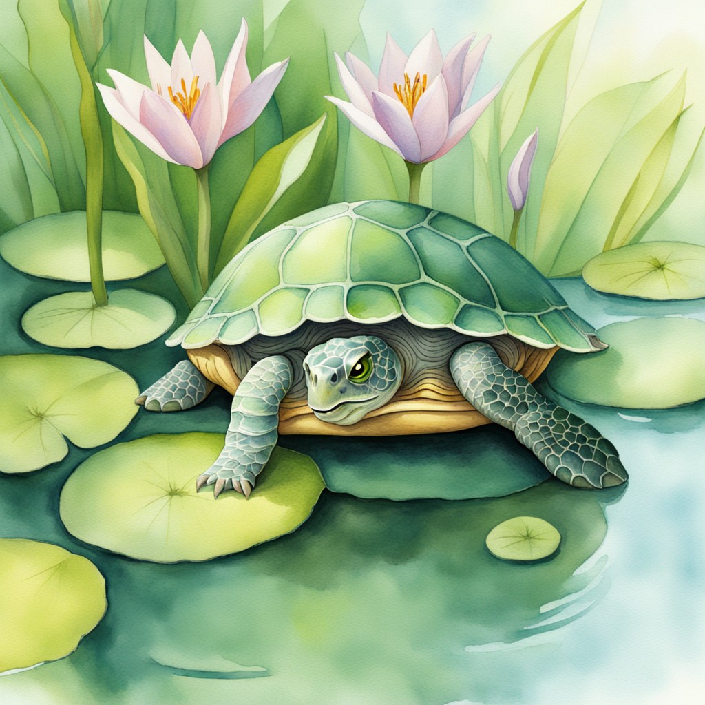 A shy turtle hiding behind a lily pad at the pond