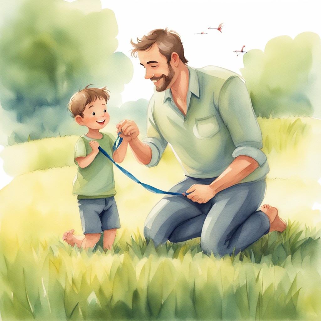 Father teaching child to hold kite string on grassy hilltop