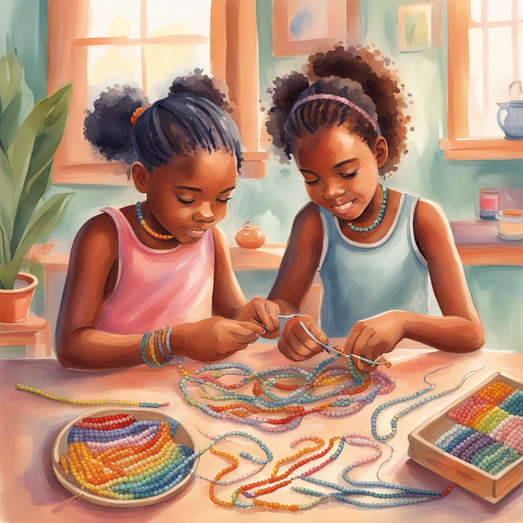Maya learning to make colorful African bead bracelets with her new friend Amara
