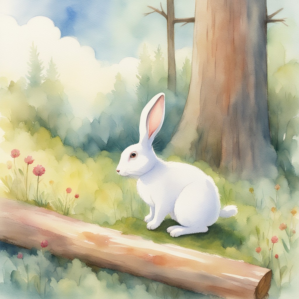 Lily the rabbit hopping high over a log in a sunny meadow, with other animals watching in amazement, watercolor children's book style