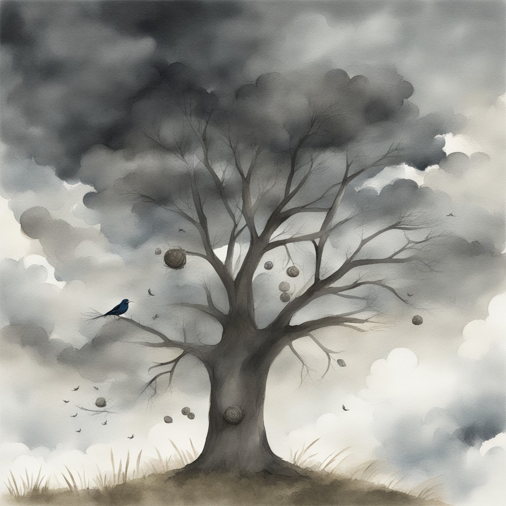 Dark storm clouds approaching the oak tree