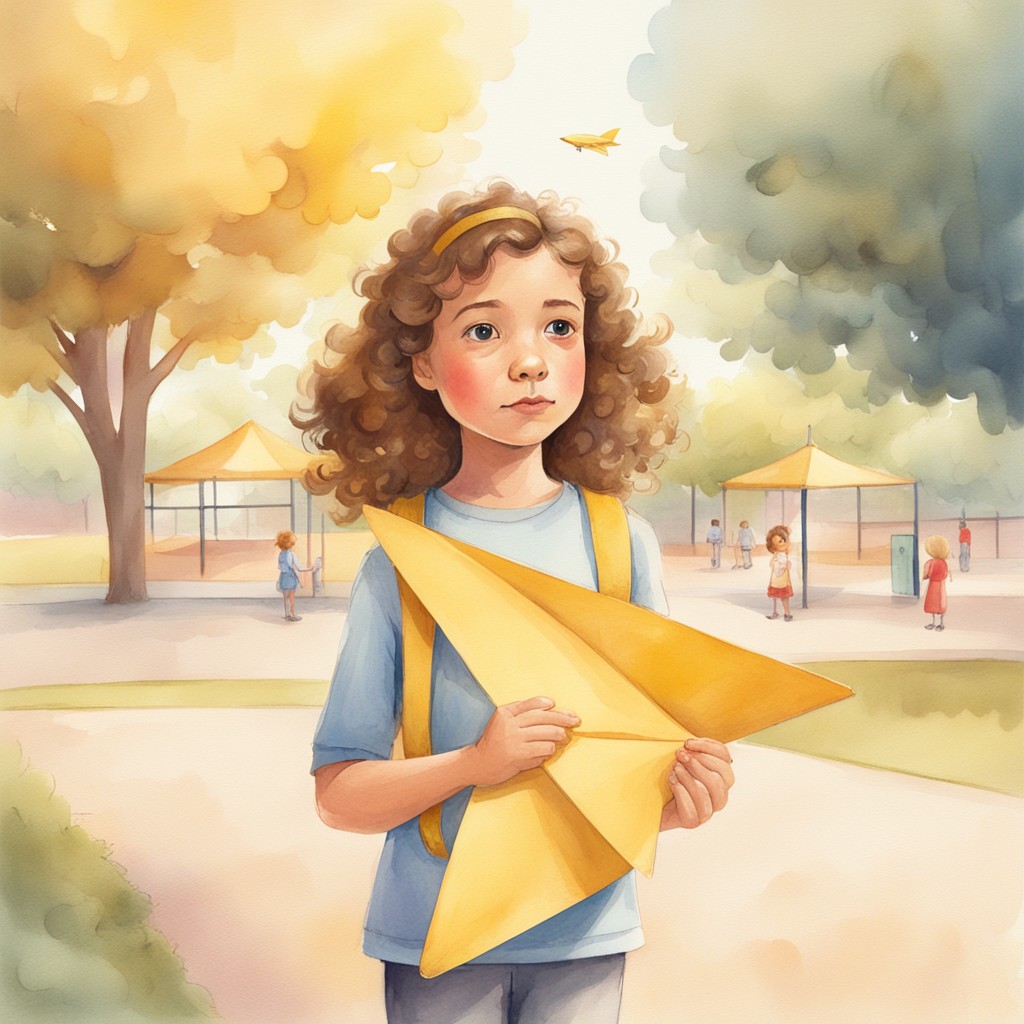 Maya holding a paper airplane, looking hopeful but nervous