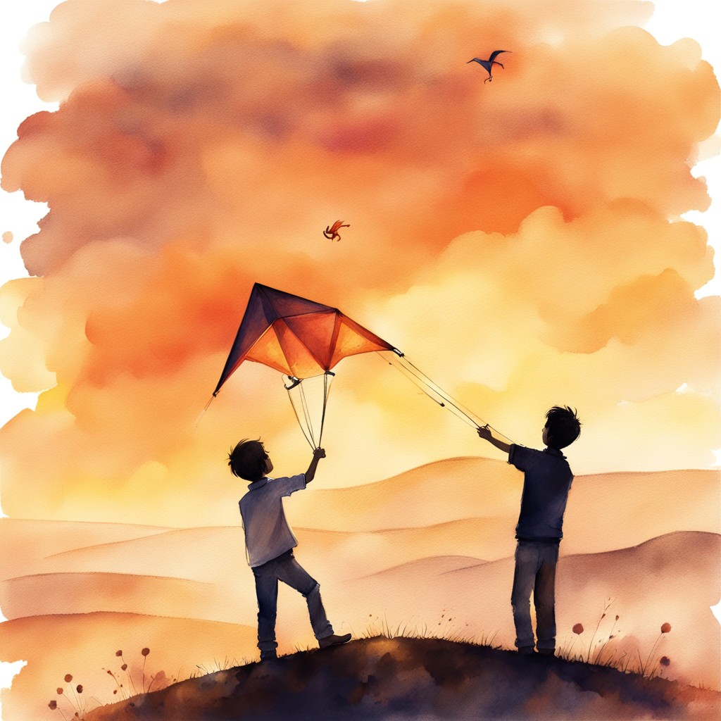 Father and child hugging on hilltop at sunset with kite flying