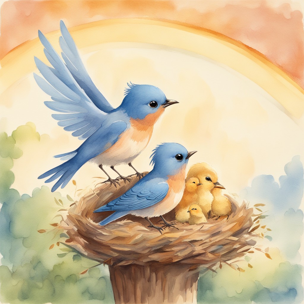 Bella protecting her siblings under her wings with a rainbow