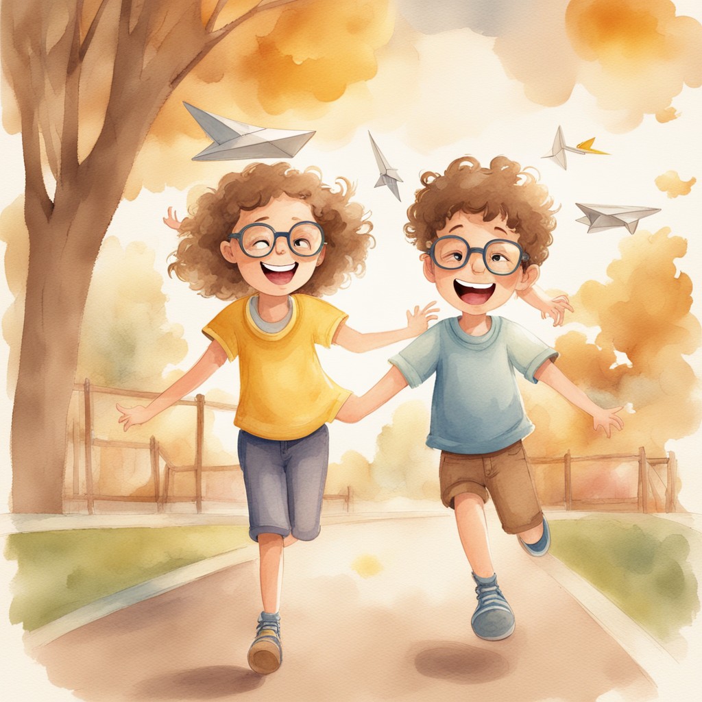 Maya and Oliver flying a paper airplane together, laughing