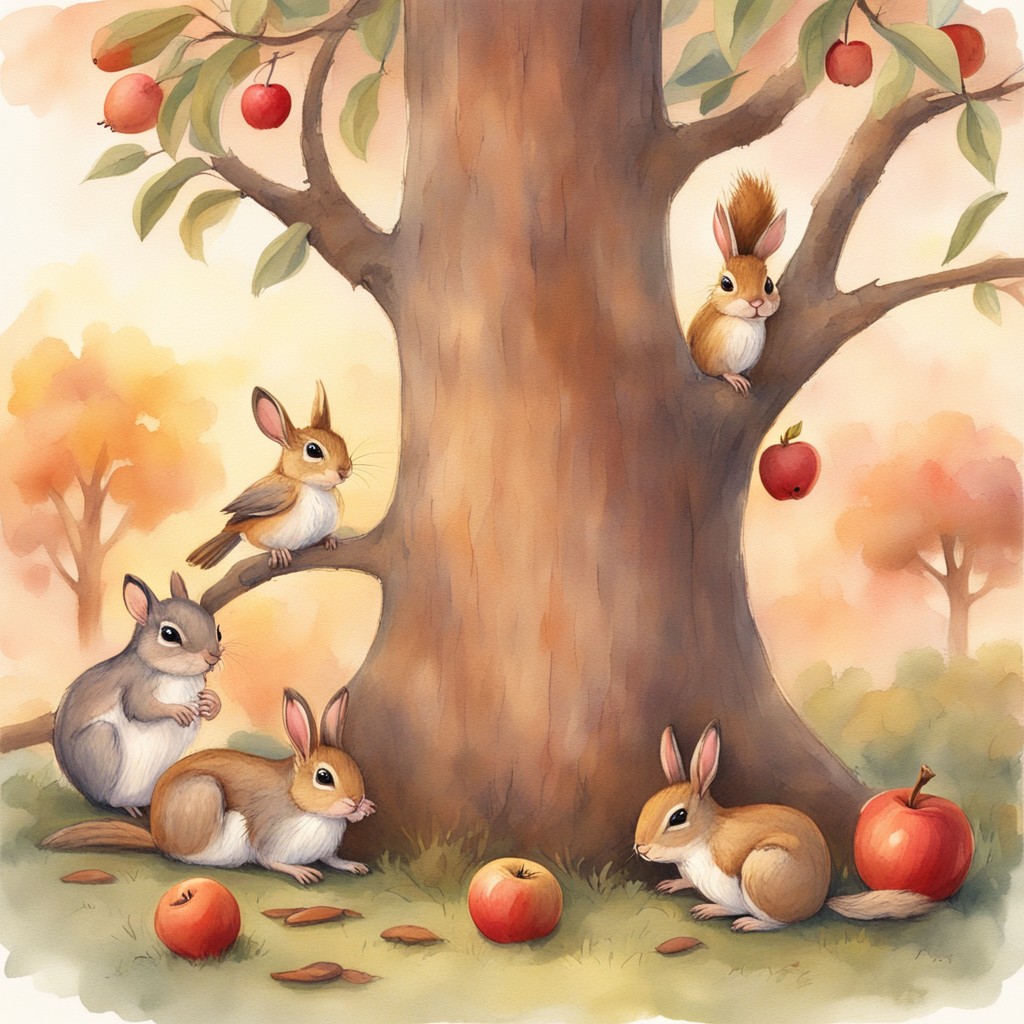 Animals gathered around Aurelia sharing apples and friendship
