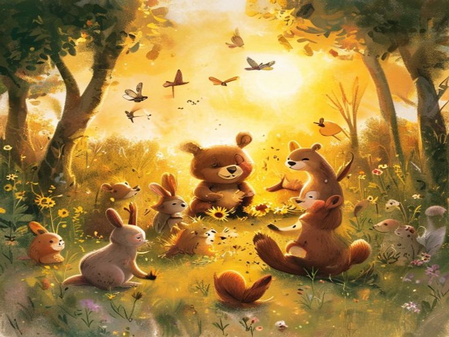 Benny surrounded by his meadow friends in golden sunlight
