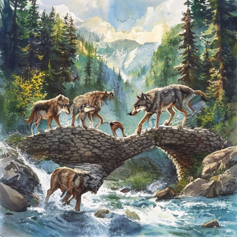 Wolves working together to build a stone bridge across a deep gorge, with a large wolf pushing a boulder while others guide and place smaller stones
