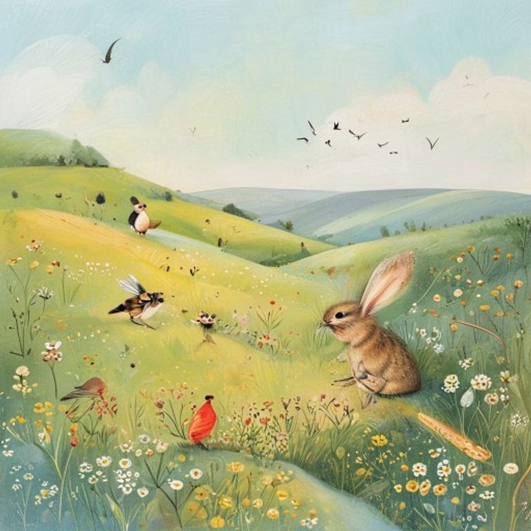 Bee, finch, mouse, and rabbit gathered around with seeds, planning a garden together