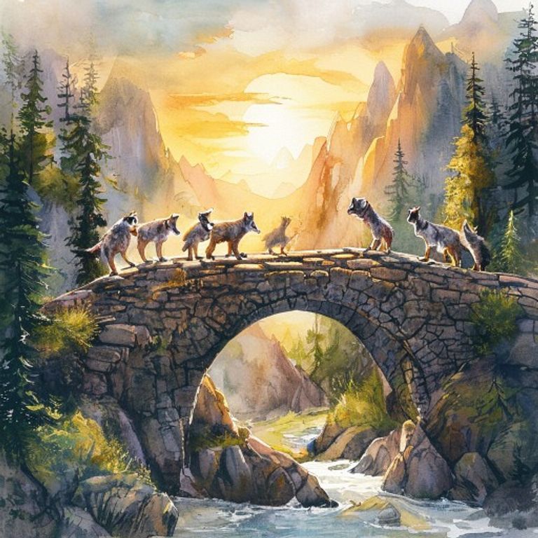 A young small wolf with oversized paws carefully walking across a newly completed stone bridge over a gorge, with six other wolves watching proudly from the other side