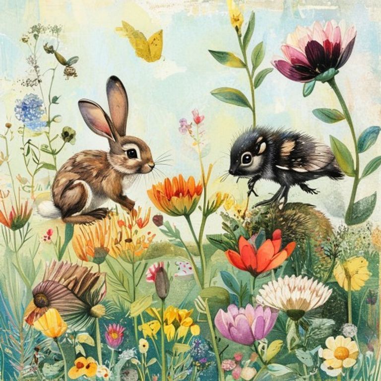 Rabbit, worm, frog, hedgehog, bee, finch, and mouse working together to plant a colorful wildflower garden