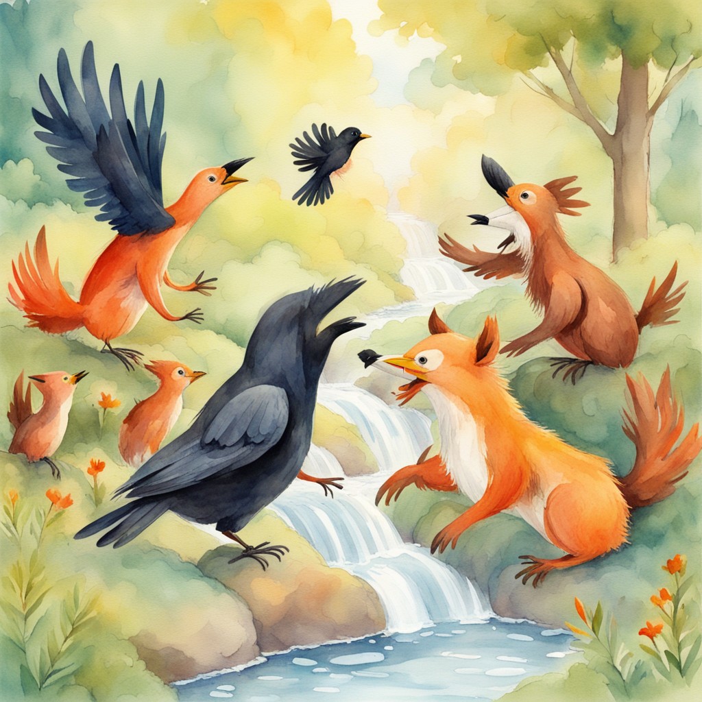 Forest animals celebrating around the stream