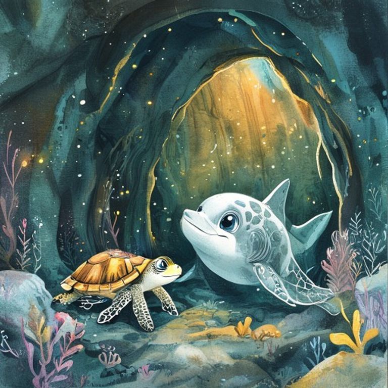 Kai meeting Tiberius the wise dolphin at the entrance to the Deep Trench