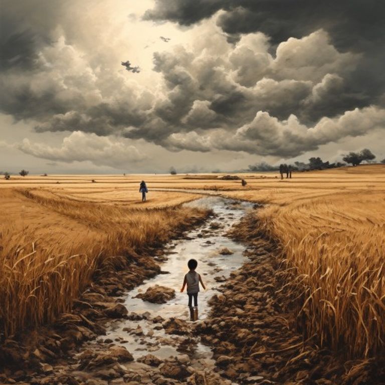Dry cracked brown farmland with withered wheat, tiny brown riverbed, a small girl carrying an empty bucket, under a dark heavy cloud in the sky
