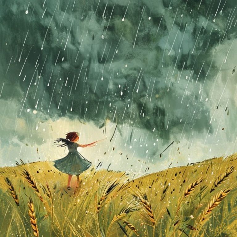 Rain falling from a dark cloud onto golden fields, a little girl dancing in the downpour with arms outstretched, green wheat growing