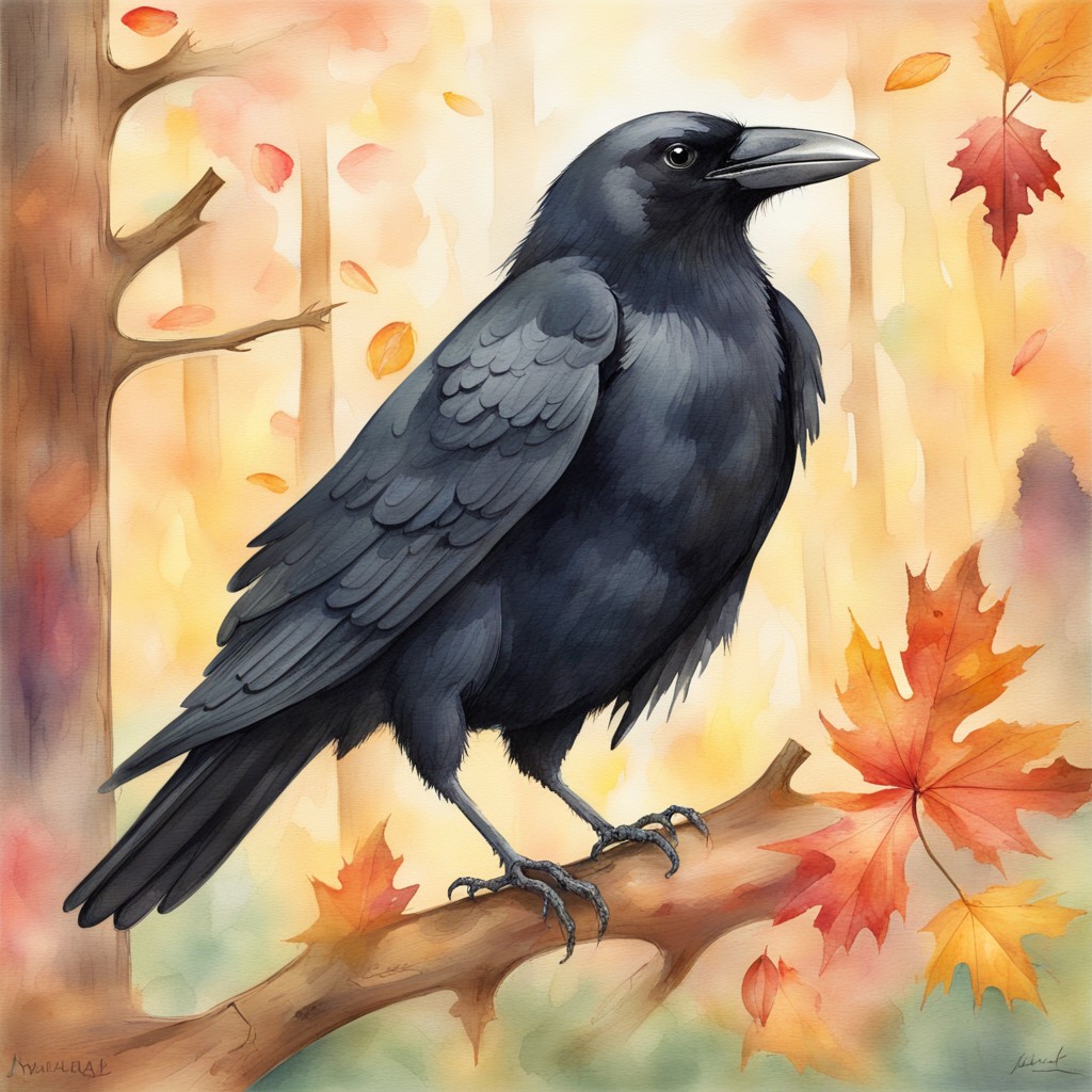 Young crow painting on a maple leaf
