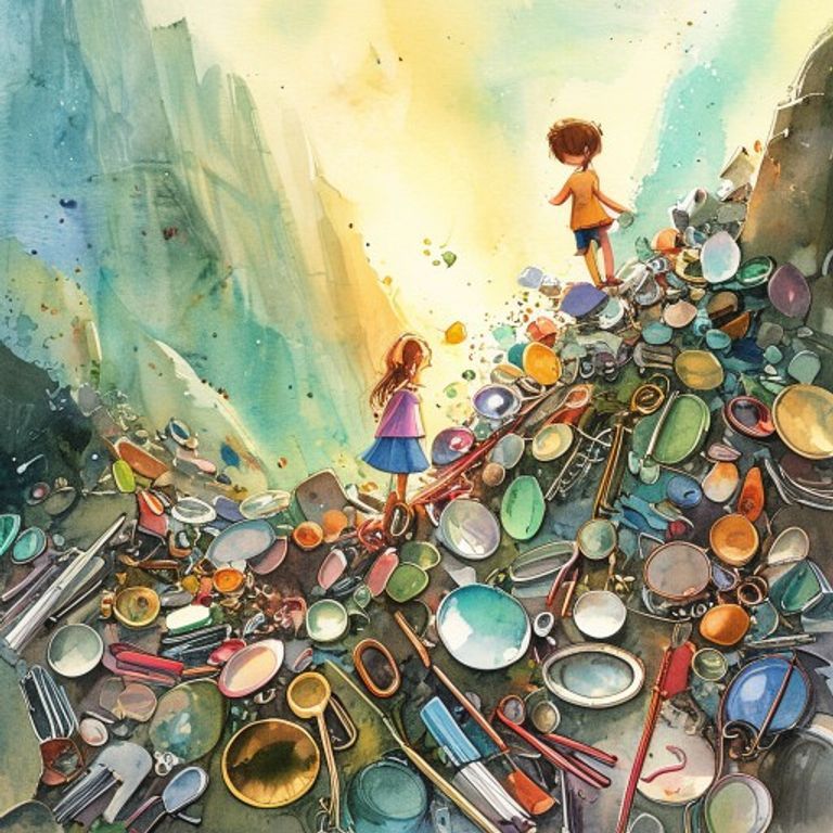 A young girl climbing a mountain of gentle 'trash' — broken plates, rusted keys, colored glass, copper wire, mirror shards — finding treasures with wonder in her eyes