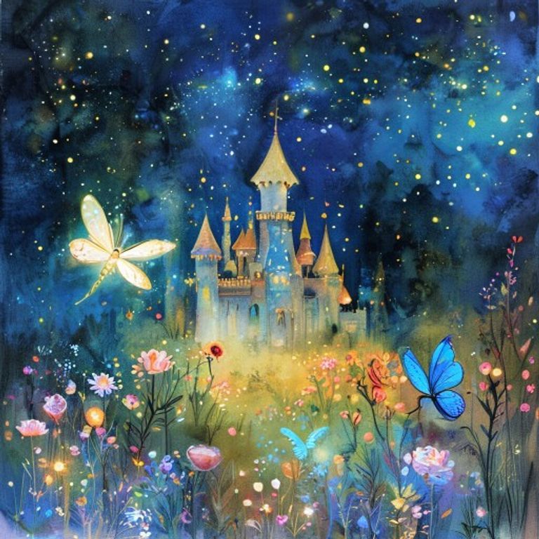 Small glowing firefly painting colorful light pictures in dark meadow at night blue butterfly gold castle rose dragon magical luminescent children book illustration pastel style soft watercolor