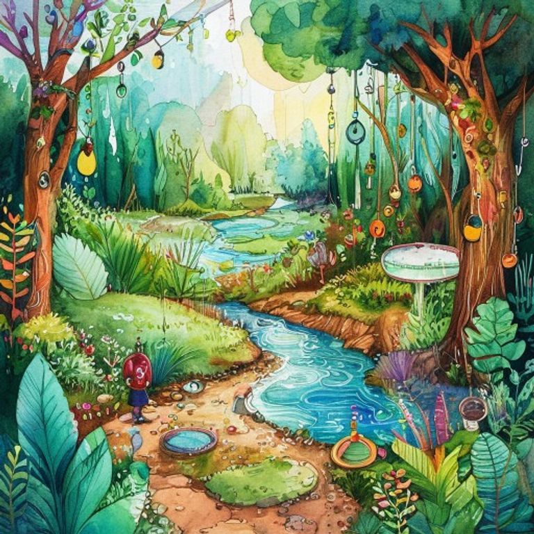 A magical garden made of recycled treasures — porcelain plates forming a river, copper wire arches with hanging keys, mirrors reflecting clouds in the soil, colored glass casting rainbow light