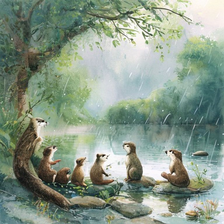 The animals gathered as mist rises and gentle rain falls