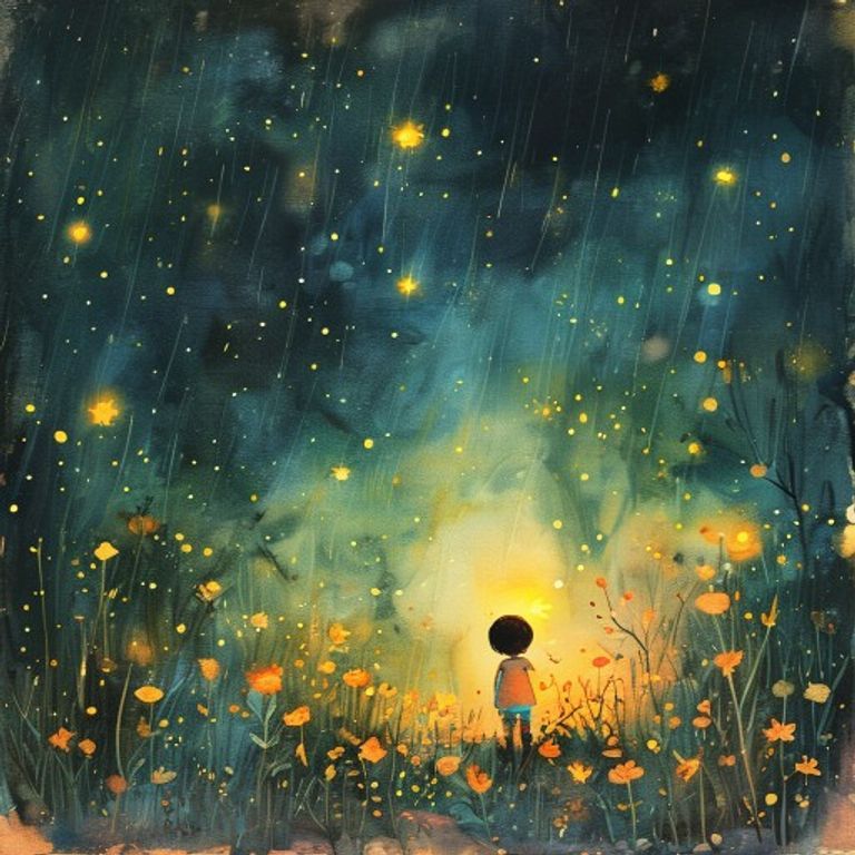Glowing firefly painting golden star path through dark rainy meadow for small lost child warm light guiding way home magical touching scene children book illustration pastel style soft watercolor