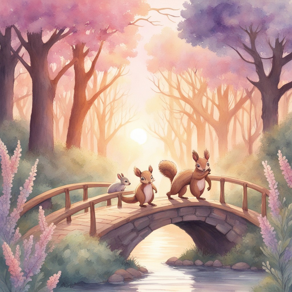 The forest animals happily crossing the new vine bridge over the sparkling brook