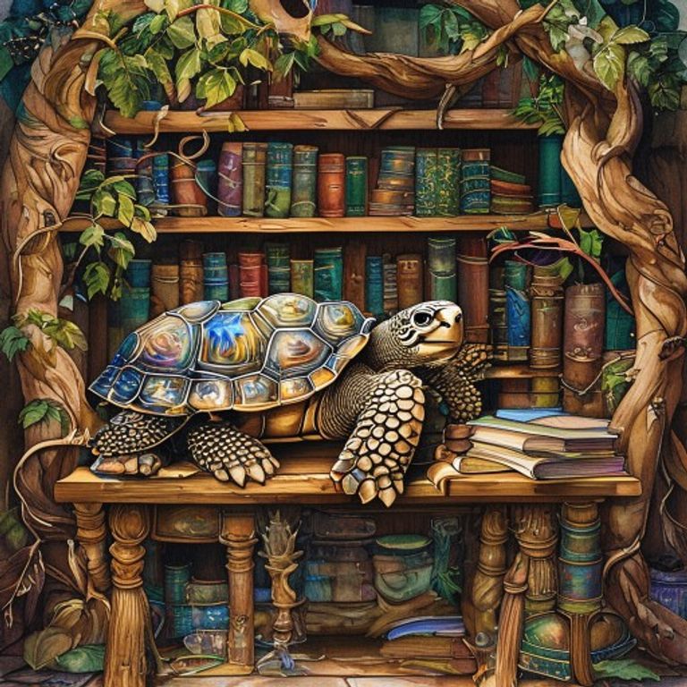 An ancient wise tortoise with constellation patterns on his shell sitting at a desk made of polished acorn caps, surrounded by magical books made of leaves, stones, and feathers in warm golden library light