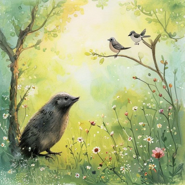 Digby the mole standing in a green meadow looking up at a sparrow on a branch
