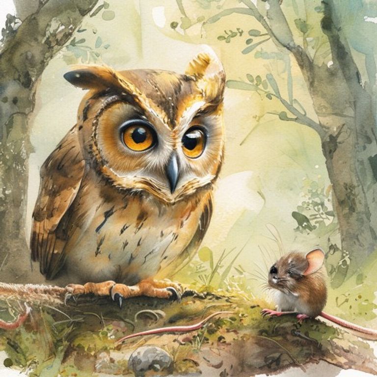 Young barn owl with golden eyes face to face with small field mouse on forest floor moss both looking curious and surprised magical meeting children book illustration pastel style soft watercolor