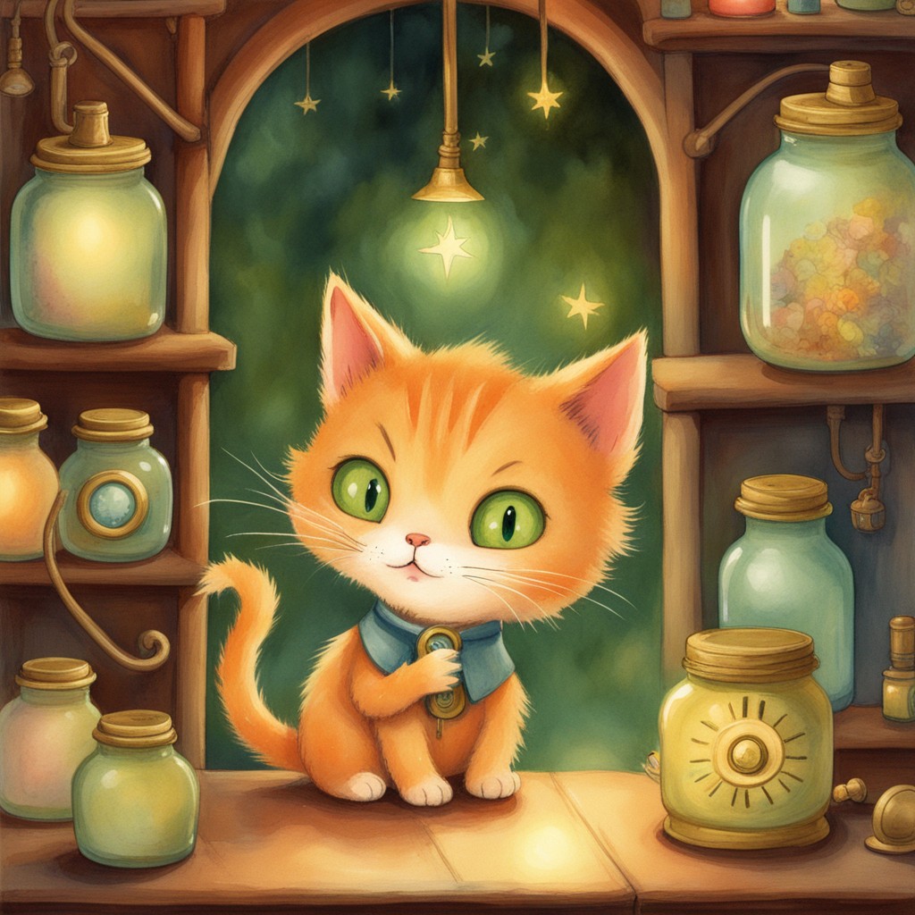 Mochi the kitten meeting a friendly brass clockwork mouse in a glowing tunnel