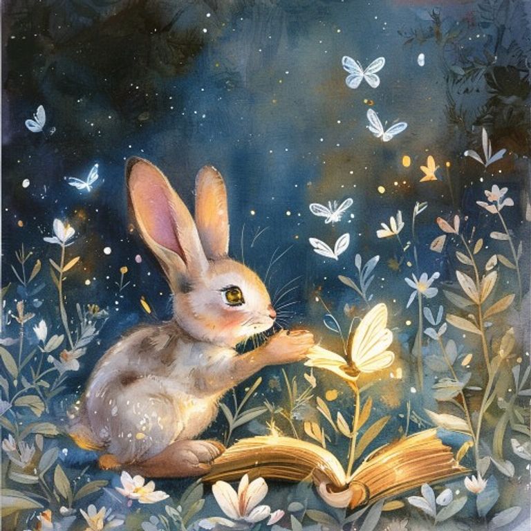 A young rabbit touching a glowing magical book made of white petals showing moving pictures of a night garden with glowing flowers and silver moths in warm magical light