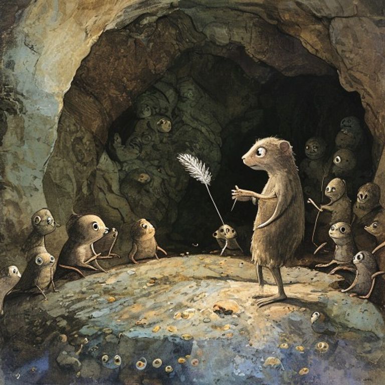 Digby standing on the Speaking Stone sharing his discoveries with the mole kingdom