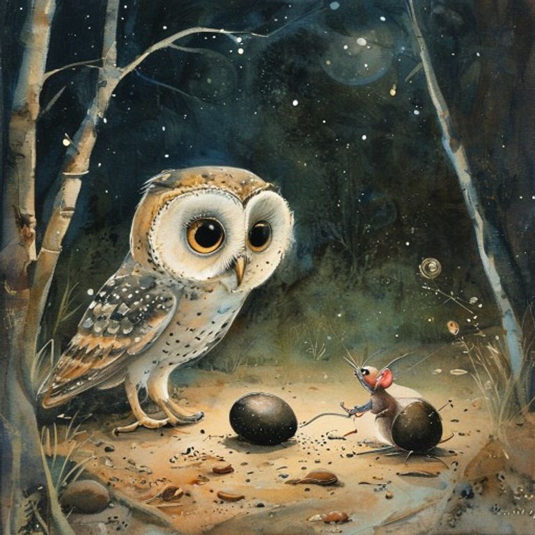 Young barn owl and small mouse watching shiny black beetle rolling dung ball in forest at night learning together magical discovery children book illustration pastel style soft watercolor