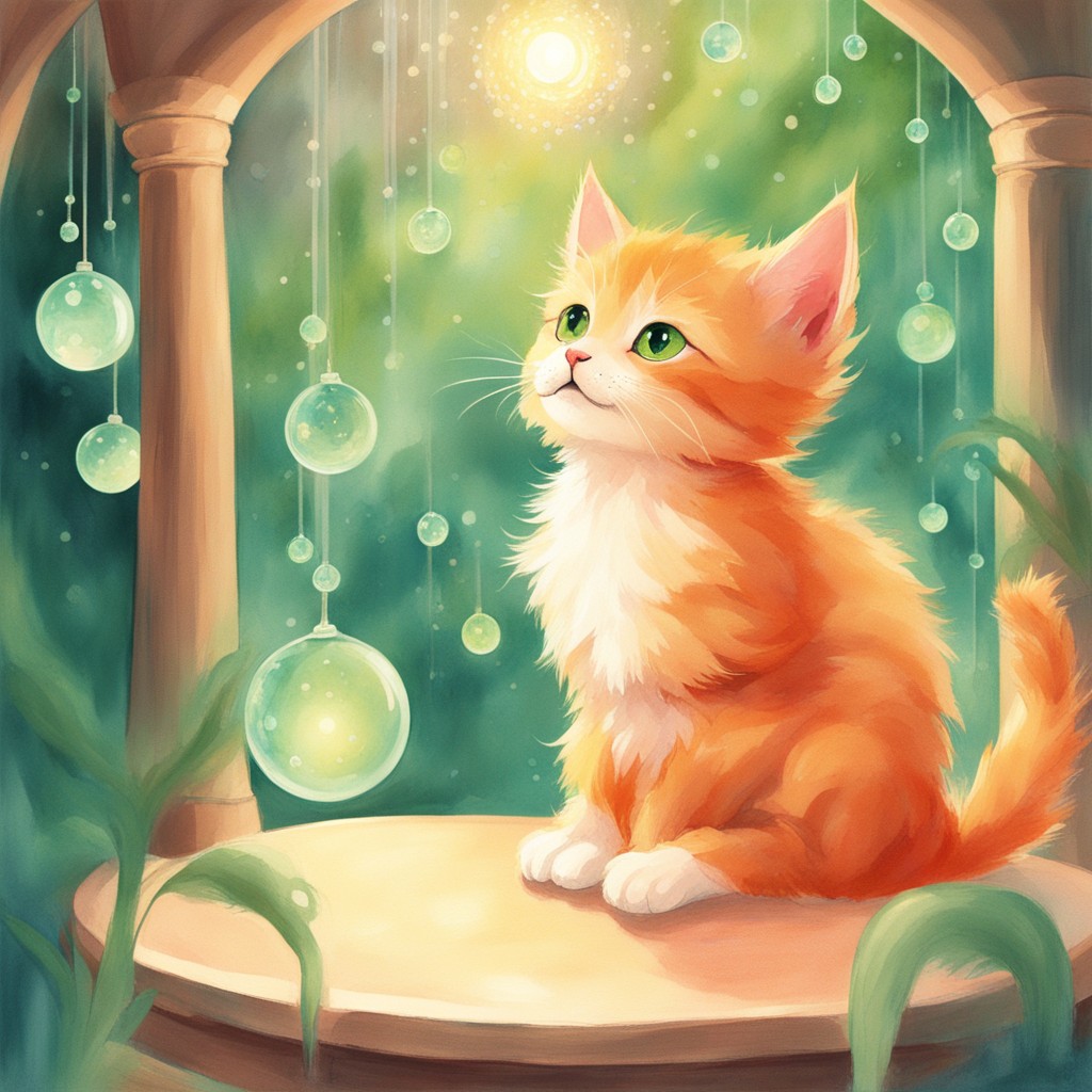 Mochi the kitten in awe before a shimmering crystal tree and floating orbs