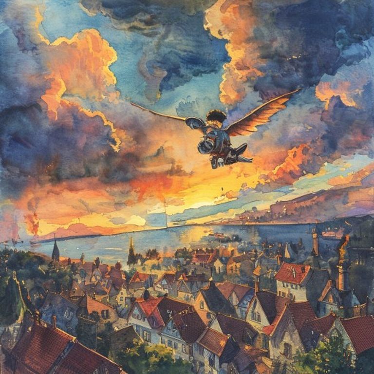 Finn flying above the town