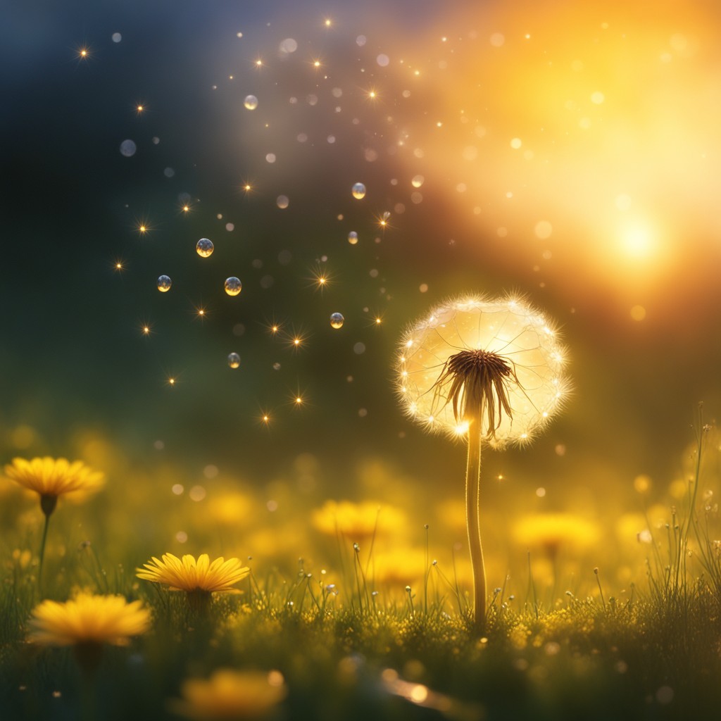 Dewey the raindrop landing on a yellow dandelion