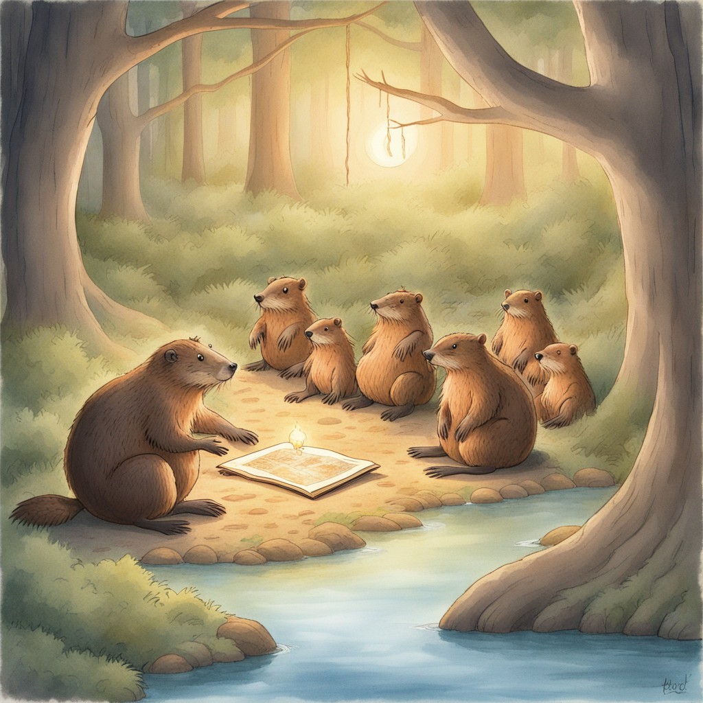 Young beaver Alder presenting his grand dam design to the Elder Council