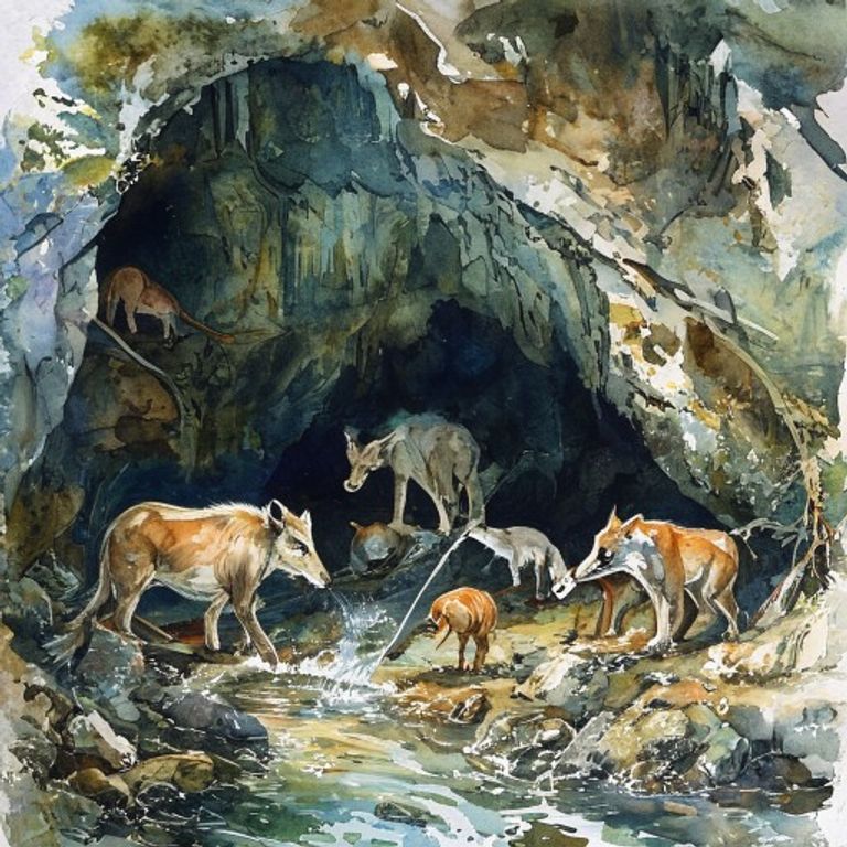 Animals working together in a cave to uncover a hidden water stream, each using their unique abilities