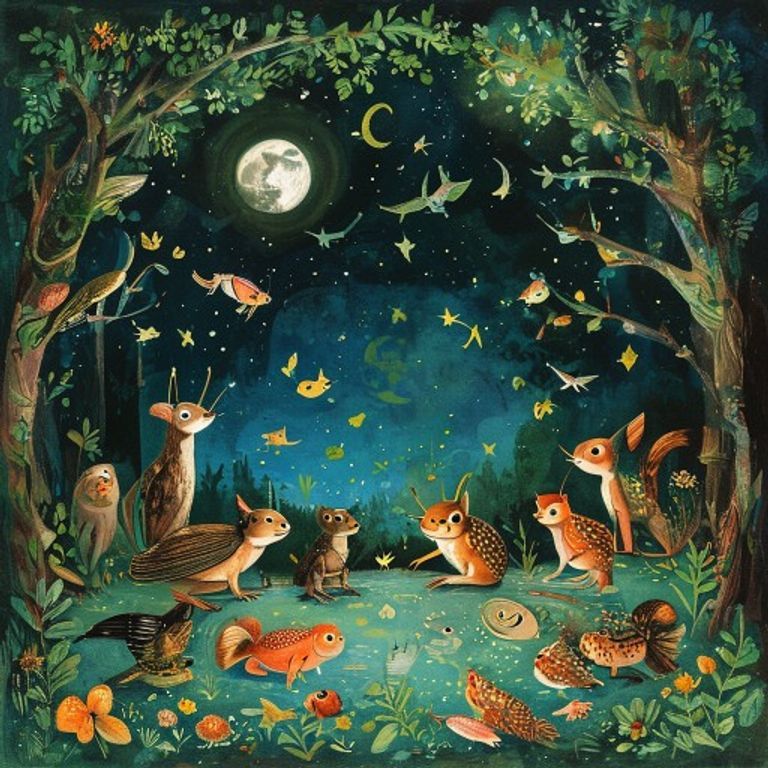 Forest animals - cricket, nightingale, bullfrog, moth, squirrel, and fish - gathered in a circle trying to make music together in a moonlit forest clearing