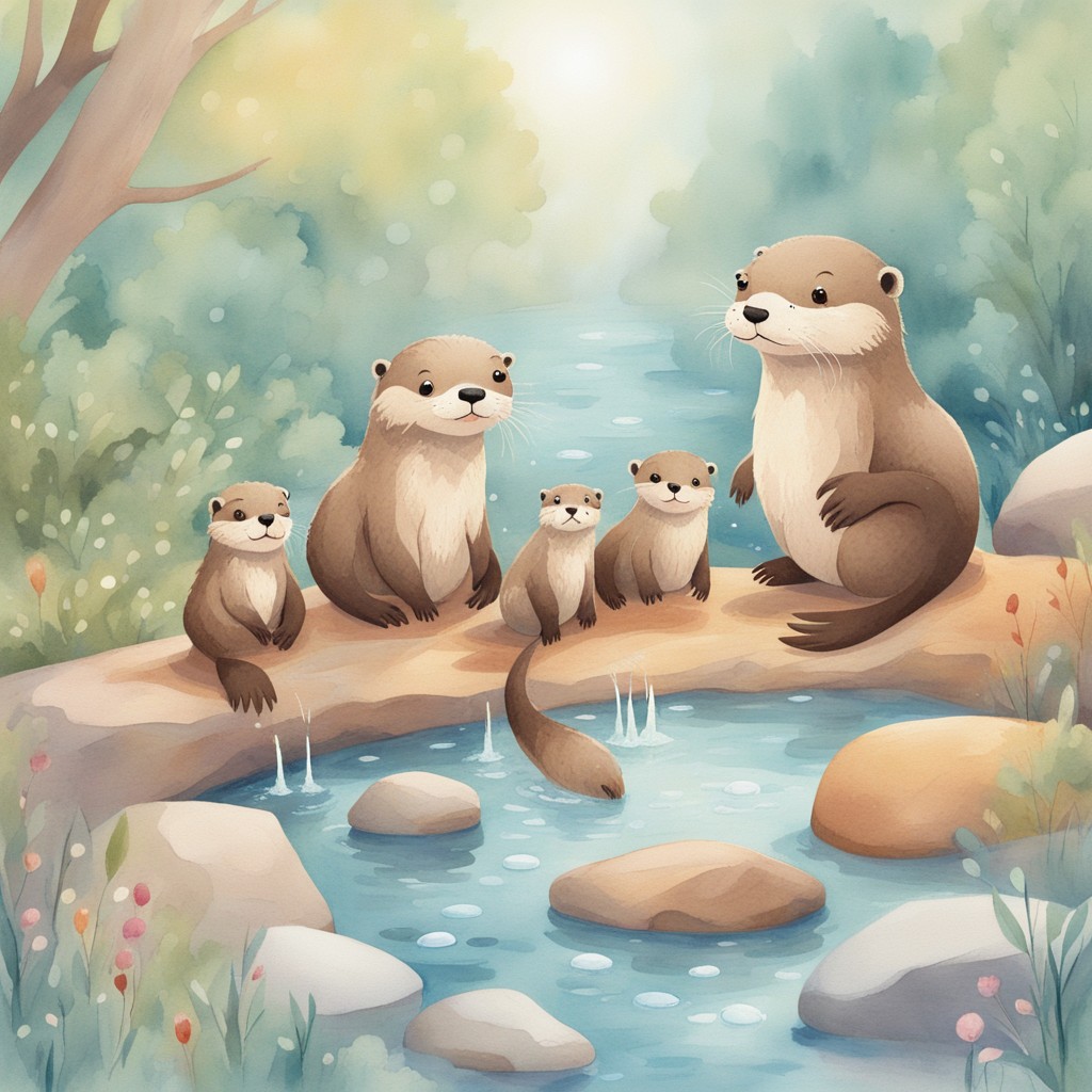 Otter family arranging colorful river stones into a mosaic path