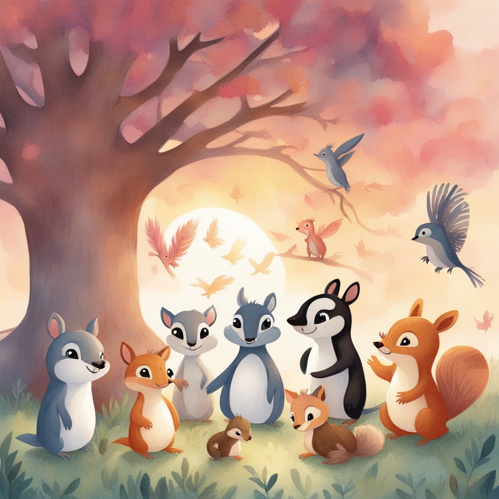 Animals singing together at dawn under the Great Gathering Tree