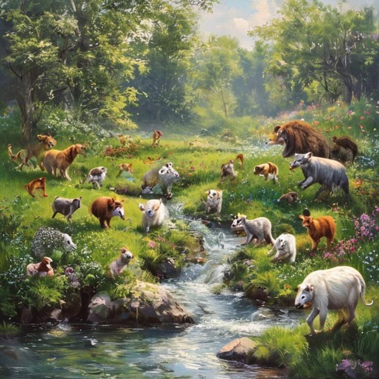 Animals celebrating together by a beautiful restored stream in a meadow at sunset, happy and united