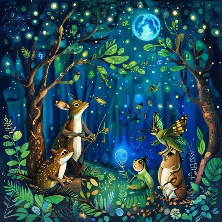 Magical forest concert under a blue moon with cricket conducting, nightingale singing, bullfrog croaking, moth fluttering, squirrel tapping acorns, and fish splashing - all creating beautiful music together
