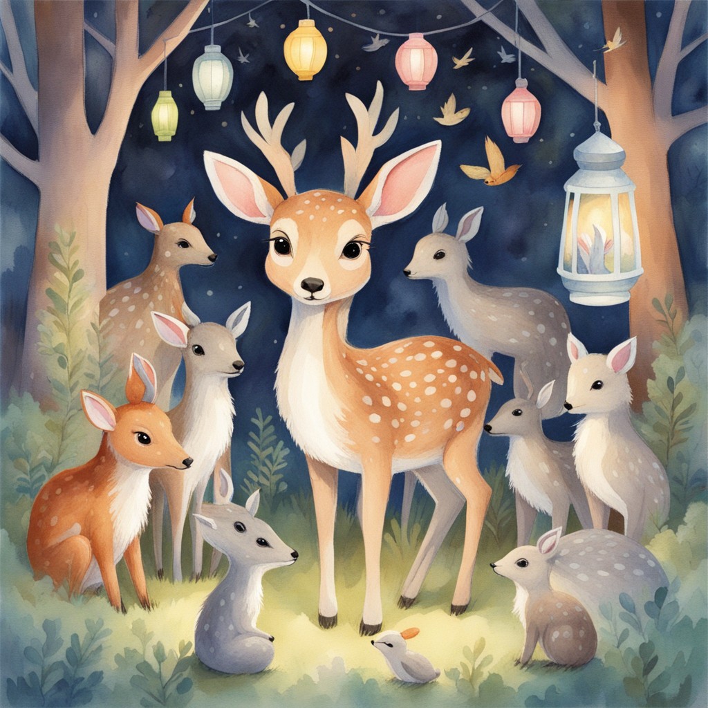 Young fawn with star-like spots surrounded by diverse forest friends