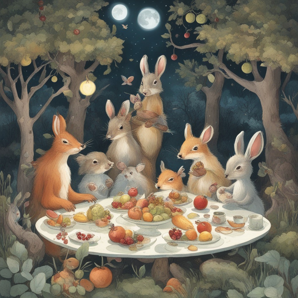 Animals gathered around the feast table in moonlight