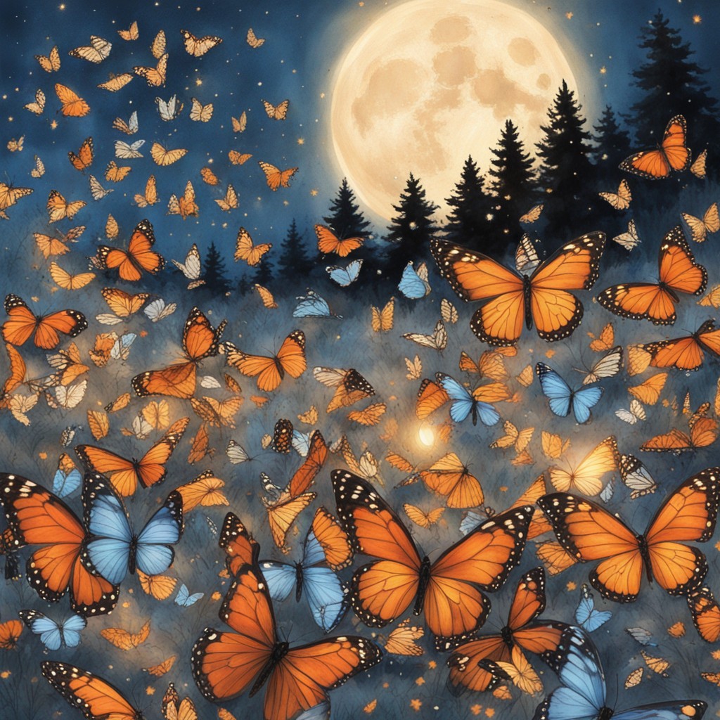 Butterflies of many colors released into the moonlit sky